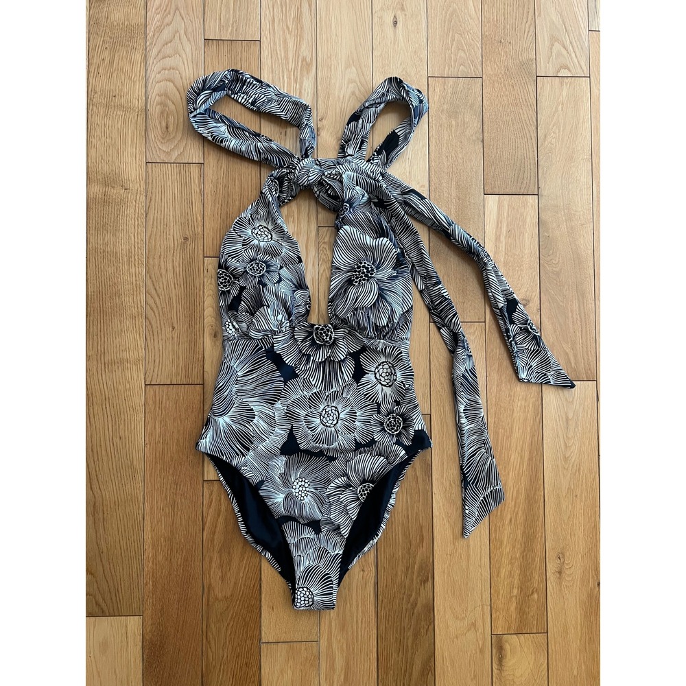 NEW Express Floral Plunge Halter One Piece Swim Suit Convertible Contour Size M